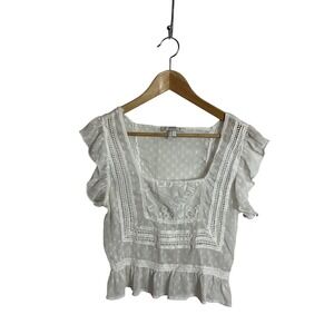 Medium White Embroidered Crochet Lace Flutter Sleeve Boho Top Coquette Festival